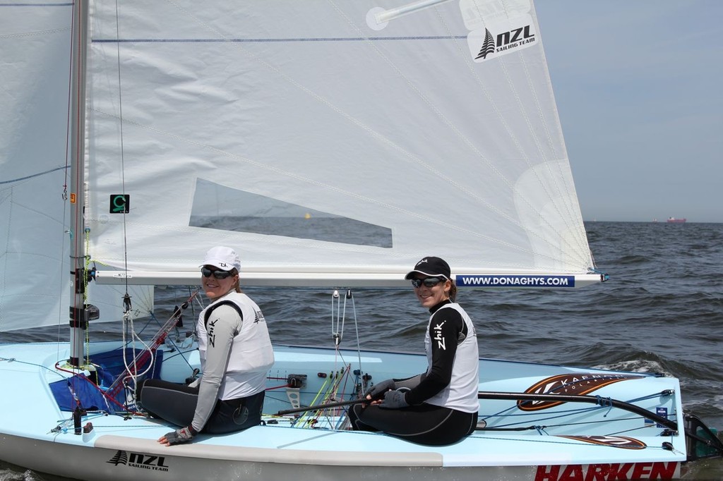 Team Jolly (Olivia Powrie, bow and Jo Aleh, helm) out on the water at the Hague, Netherlands venue for the 2010 Womens World 470 Championships © SW